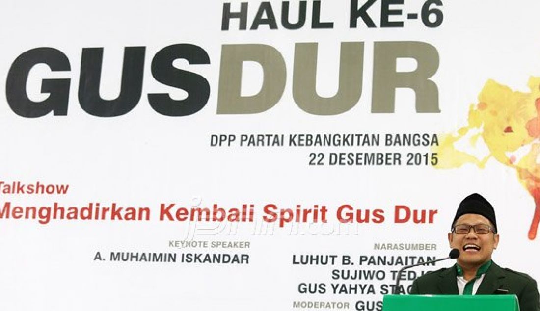 Ketua Umum PKB Muhaimin Iskandar saat menghadiri acara diskusi Haul ke-6 Gus Dur bertema 'Menghidupkan Kembali Spirit Gus Dur', Jakarta, Selasa (22/12). Foto: Ricardo/JPNN.com - JPNN.com