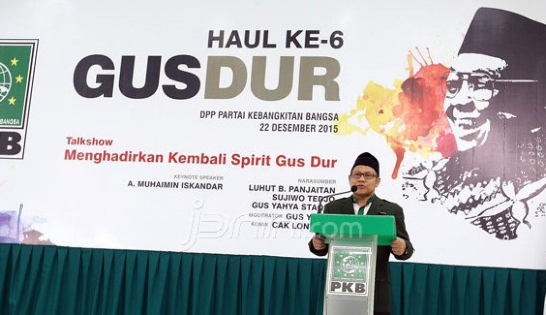 Ketua Umum PKB Muhaimin Iskandar saat menghadiri acara diskusi Haul ke-6 Gus Dur bertema 'Menghidupkan Kembali Spirit Gus Dur', Jakarta, Selasa (22/12). Foto: Ricardo/JPNN.com - JPNN.com