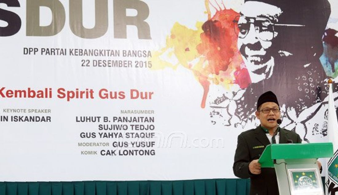 Ketua Umum PKB Muhaimin Iskandar saat menghadiri acara diskusi Haul ke-6 Gus Dur bertema 'Menghidupkan Kembali Spirit Gus Dur', Jakarta, Selasa (22/12). Foto: Ricardo/JPNN.com - JPNN.com