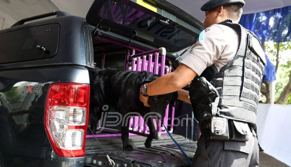 Tim Gegana Sat Brimobda Metro Jaya melakukan penyisiran dengan anjing pelacak di Gereja Katedral, Jakarta, Kamis (24/12). Petugas Tim Gegana Brimobda Metro Jaya melakukan sterilisasi untuk memastikan lingkungan gereja bersih dari benda berbahaya untuk memberikan keamanan perayaan Natal 2015. Foto: Ricardo/JPNN.com - JPNN.com