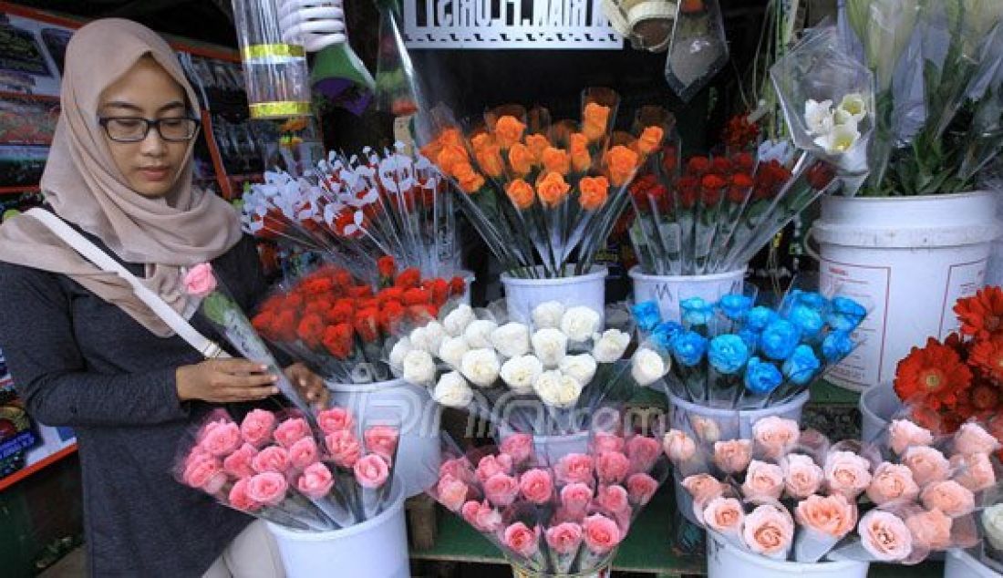 Calon pembeli sedang memilih bunga di sebuah kios di jln. Otista kota Bogor, Jumat (12/2). Menjelang perayaan Valentine Day, pedagang bunga mulai kebanjiran pesanan. Foto: Sofyansyah/Radar Bogor/JPNN.com - JPNN.com