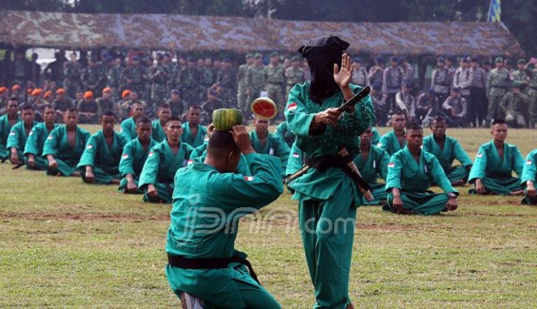 Pasukan TNI saat melakukan pertunjukan aksi bela diri pada acara apel gabungan TNI, Polda Metro Jaya, Pemprov DKI Jakarta, Ormas dan Mahasiswa di lapangan Brigif Para Raider 17 Cijantung, Jakarta Timur, Selasa (17/5). Foto: Ricardo/JPNN.com - JPNN.com