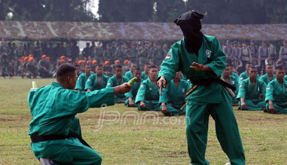 Pasukan TNI saat melakukan pertunjukan aksi bela diri pada acara apel gabungan TNI, Polda Metro Jaya, Pemprov DKI Jakarta, Ormas dan Mahasiswa di lapangan Brigif Para Raider 17 Cijantung, Jakarta Timur, Selasa (17/5). Foto: Ricardo/JPNN.com - JPNN.com