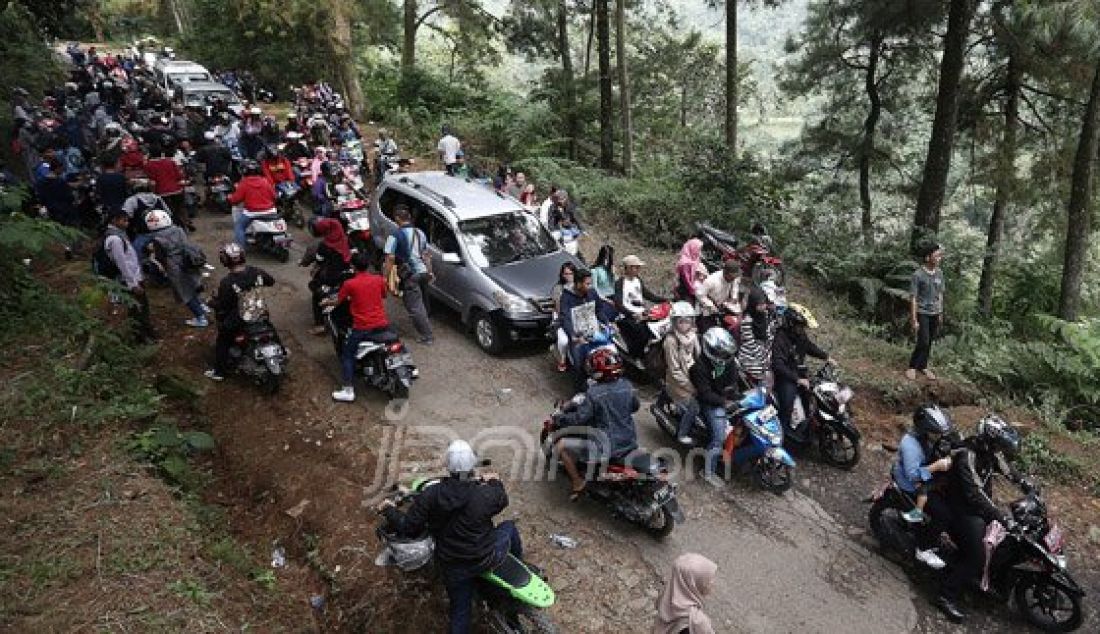 Pengendara roda dua dan roda empat memadati Kawasan Wisata Gunung Salak Endah, Kabupaten Bogor, Jawa Barat, Sabtu (9/7). Kepadatan tersebut disebabkan warga memanfaatkan liburan Hari Raya Idul Fitri. Foto : Ricardo/JPNN.com - JPNN.com