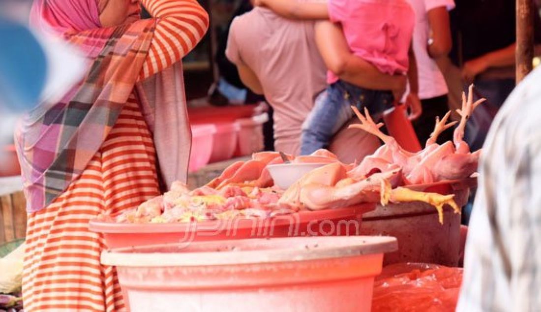 Pembeli menawar daging ayam yang dijajakan disalah satu lapak Pasar Kranggot, Jombang Wetan, Cilegon, Jumat (23/7). Dua pekan usai Lebaran, harga ayam masih tinggi yakni dikisaran Rp 32.000 perkilogramnya. Foto: Doni/Banten Raya - JPNN.com