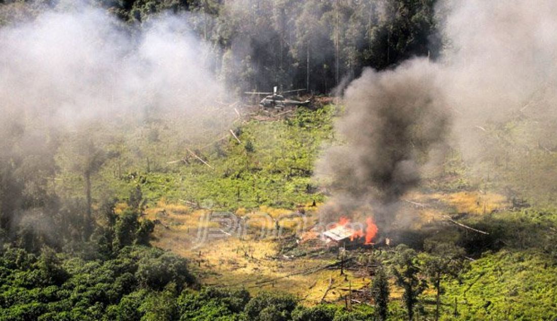 BAKAR: Pondok Ilegal milik Perambah dibakar oleh satgas Karhutla dengan menggunakan heli Puma di Tasik Betung Giam Siak Kecil/Cagar Biosfer, Riau, Selasa (6/9). Foto: Akhwan/Riau Pos - JPNN.com