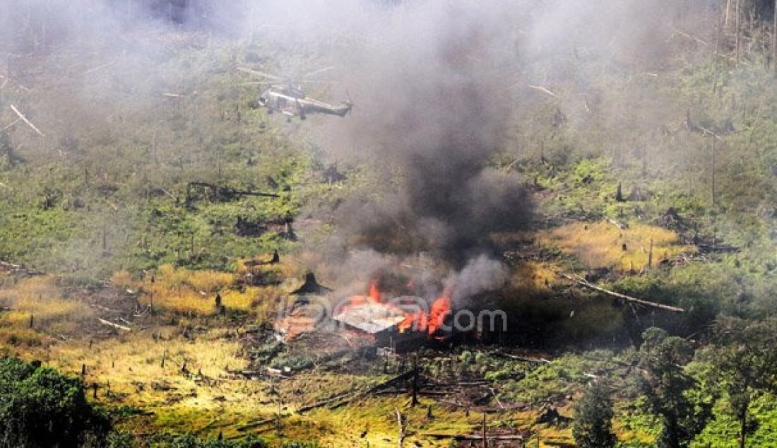 BAKAR: Pondok Ilegal milik Perambah dibakar oleh satgas Karhutla dengan menggunakan heli Puma di Tasik Betung Giam Siak Kecil/Cagar Biosfer, Riau, Selasa (6/9). Foto: Akhwan/Riau Pos - JPNN.com