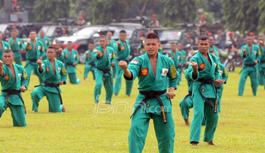 Prajurit Kopassus melakukan atraksi saat Upacara Penyerahan Satuan Kopassus di lapangan Makokopassus, Jakarta, Sabtu (8/10). Brigjen TNI Madsuni yang sebelumnya menjabat Wadanjen Kopassus dilantik menjadi Komandan Jenderal Kopassus menggantikan Mayjen TNI M Herindra. Foto: Ricardo/JPNN.com - JPNN.com