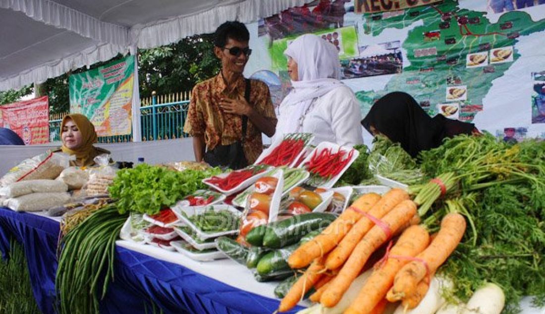 Pengunjung membeli buah-buahan lokal di acara Bazar aneka pangan lokal dari hasil bumi kabupaten Bogor, Komplek Pemda Cibinong, Bogor, Senin (24/10). Acara tersebut dalam rangka memperingati hari pangan sedunia ke 36, yang mengankat tema membangun. Foto; Sofyansyah/Radar Bogor - JPNN.com