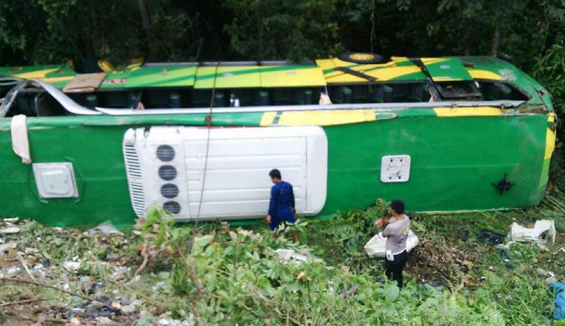 Bus Mercy milik Po Famili Raya terguling dan masuk rawa, tepatnya di jalan Lintas Muara Bungo Jambi KM 03 Dusun Manggis, Kecamatan Bathin III, Rabu (28/12). Sebanyak 16 penumpang dilaporkan mengalami luka-luka. Foto: Hadinata/Jambi Ekspres - JPNN.com