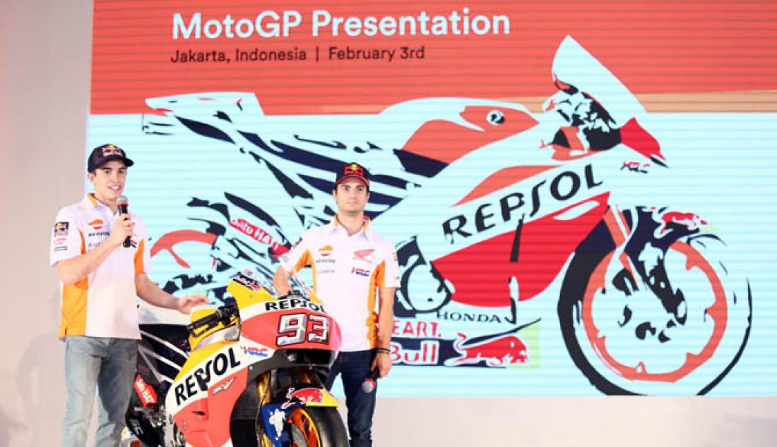 Marc marquez dan Dani pedrosa saat Repsol Honda Team Launching di JIExpo Kemayora, Jakarta, Jumat (3/2). - JPNN.com