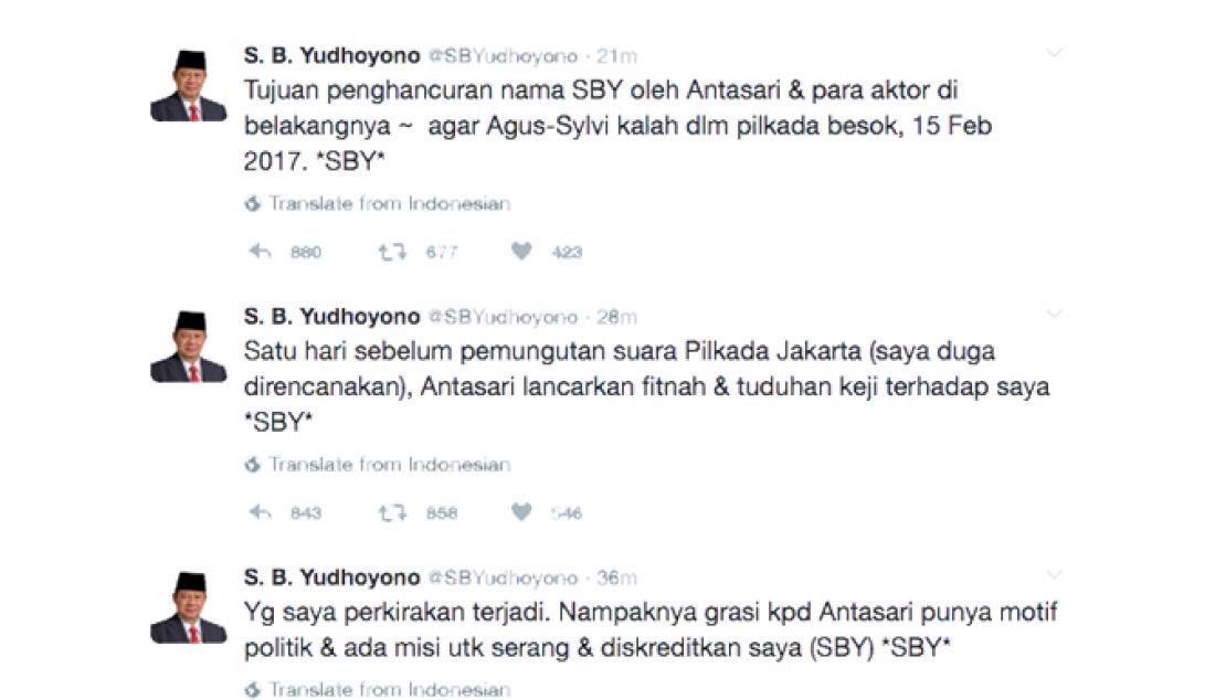 Nampak akun Twitter mantan Presiden Republik Indonesia ke-enam, Susilo Bambang Yudhoyono (SBY) menanggapi pelaporan Antasari Azhar kepada Bareskrim Polri, yang menyebut dirinya sebagai salah satu dalang kriminalisasi terhadap mantan ketua KPK tersebut. - JPNN.com