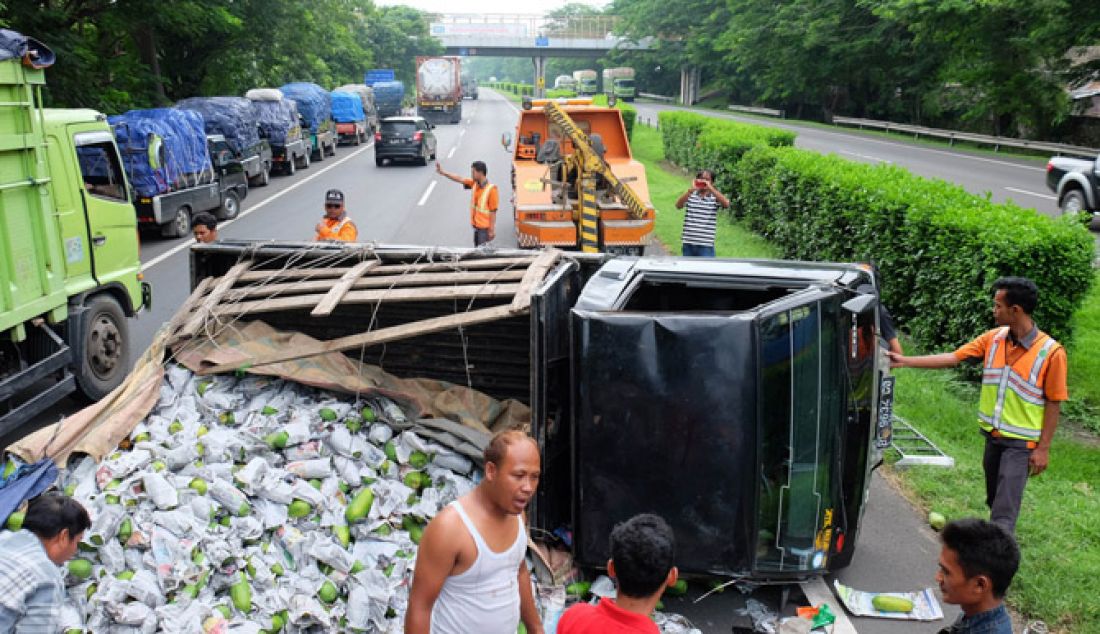 TERBALIK: Sebuah mobil Pickup nopol BE 9634 GO muatan pepaya terguling di KM 90 Tol Tangerang-Merak, Purwakarta, Cilegon, Jumat (17/27). Beruntung tidak ada korban jiwa pada musibah ini. Menurut petugas, mobil pickup muatan pepaya dari Lampung yang akan dibawa ke Tanah Tinggi Tangerang ini mengalami pecah ban. - JPNN.com