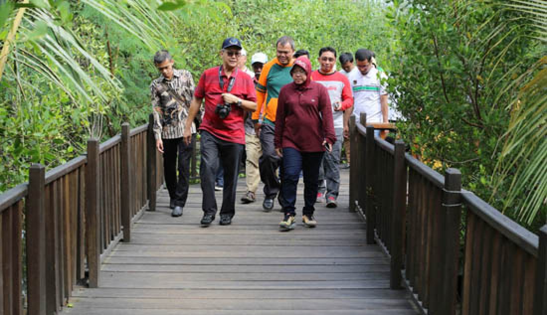 Wali Kota Surabaya Tri Rismaharini saat mengunjungi hutan Mangrove Wonorejo. Satria/Radar Surabaya - JPNN.com