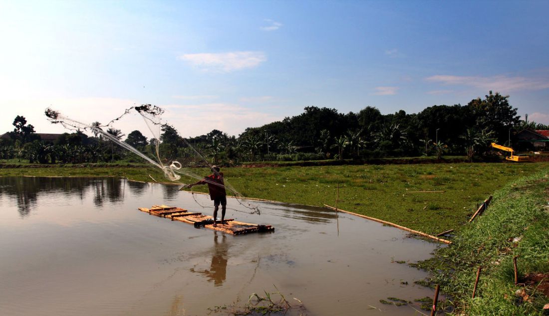 Warga menjala ikan pada bagian situ yang dipenuhi tanaman gulma di Situ Tujuh Muara, Depok, Jawa Barat, Senin (20/9). Situ Tujuh Muara awalnya memiliki luas 30 hektare kini menyusut 24 hektare dengan sebagian sisinya dipenuhi tanaman gulma dan endapan lumpur. - JPNN.com