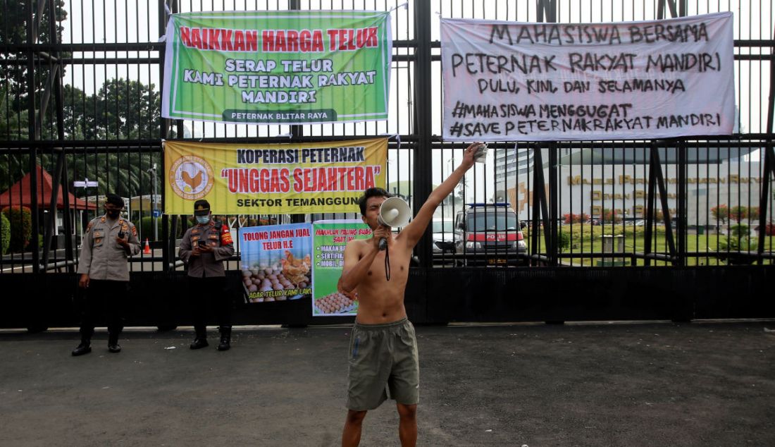 Massa aksi saat melakukan demonstrasi di depan gedung DPR RI, Jakarta, Senin (11/10) . Aksi ini menuntut Pemerintah agar keadilan bagi para peternak ayam mandiri, yang selalu dihantui oleh ancaman monopoli perusahaan besar (korporasi) dan fluktuasi harga rugi. - JPNN.com