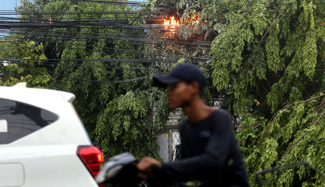 Warga melintas di depan kabel listrik terbakar akibat pohon tumbang di kawasan Jalan Raya Kebayoran lama, Jakarta, Sabtu (11/12). - JPNN.com