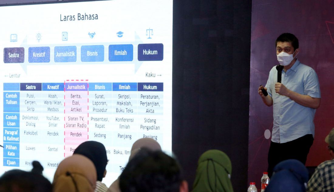 Ahli Bahasa Ivan Lanin saat menjadi pembicara pada Bengkel Bahasa untuk tim redaksi JPNN.com dan Genpi.co dalam Rakernas JPNN Group 2021, Jakarta pada Sabtu (11/12). - JPNN.com