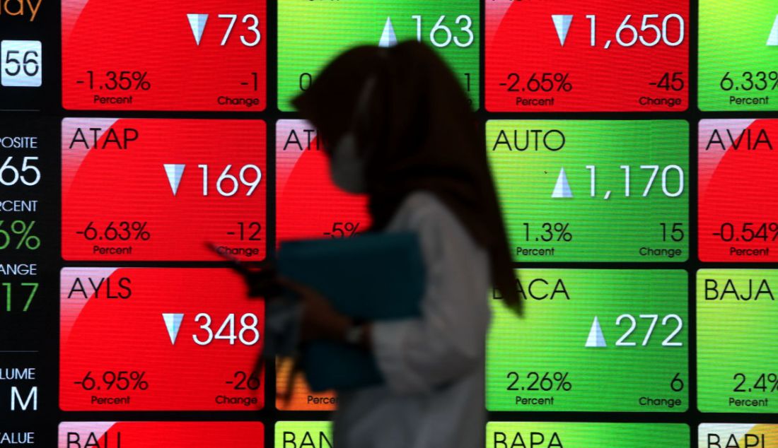 Pekerja melintas di depan layar Indeks Harga Saham Gabungan (IHSG) di BEI, Jakarta, Senin (3/1). Pada pembukan perdagangan bursa saham 2022 IHSG ditutup menguat 1,27%. - JPNN.com