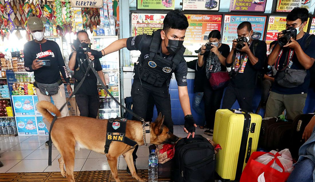 Petugas BNN bersama anjing pelacak K9 memeriksa barang pemudik di Terminal Kampung Rambutan, Jakarta, Rabu (27/4). - JPNN.com