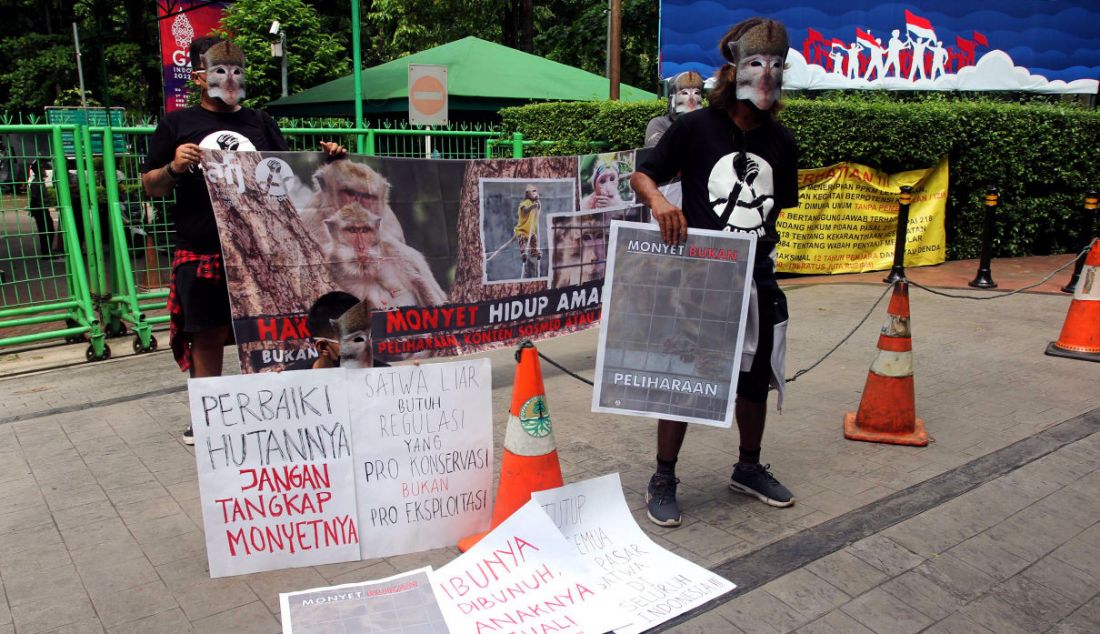 Pengunjuk rasa yang tergabung dalam Koalisi Monyet Ekor Panjang menggelar aksi damai di depan Kantor Kementerian Lingkungan Hidup dan Kehutanan, Jakarta, Senin (23/5). - JPNN.com