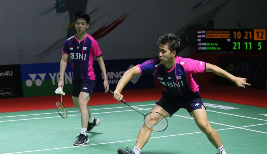 Ganda putra Indonesia Marcus Fernaldi Gideon (kanan) dan Kevin Sanjaya Sukamuljo alias Minions. - JPNN.com