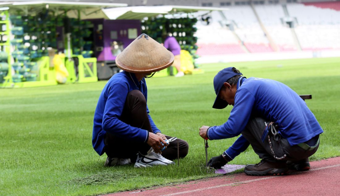 Petugas saat melakukan perawatan rumput Stadion Utama Gelora Bung Karno, Jakarta, Senin (8/5). - JPNN.com