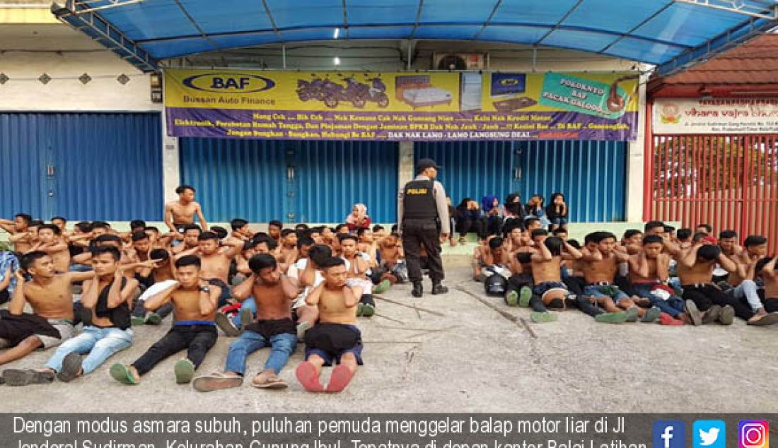 Dengan modus asmara subuh, puluhan pemuda menggelar balap motor liar di Jl Jenderal Sudirman, Kelurahan Gunung Ibul. Tepatnya di depan kantor Balai Latihan Kerja (BLK), Minggu (4/6) sekitar pukul 05.00 WIB. - JPNN.com