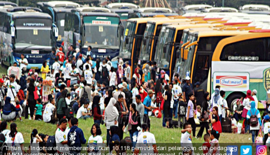 Tahun ini Indomaret memberangkatkan 10.118 pemudik dari pelanggan dan pedagang UMKM memberangkatkan dari 8 kota dan 15 cabang Indomaret. Dari Jakarta sendiri sebanyak 5.015 pemudik dengan menggunakan 85 bus. - JPNN.com