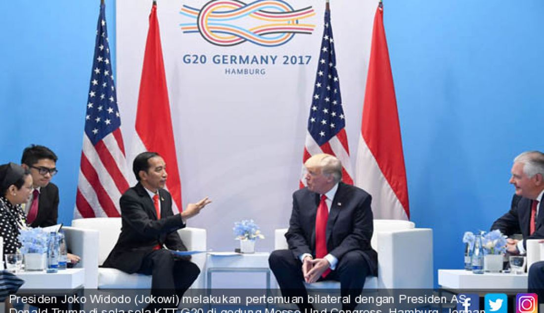 Presiden Joko Widodo (Jokowi) melakukan pertemuan bilateral dengan Presiden AS Donald Trump di sela-sela KTT G20 di gedung Messe Und Congress, Hamburg, Jerman, (8/7). - JPNN.com