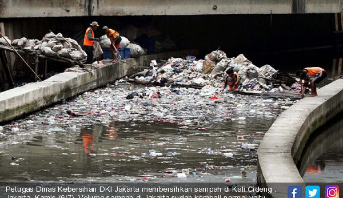 Petugas Dinas Kebersihan DKI Jakarta membersihkan sampah di Kali Cideng , Jakarta, Kamis (6/7). Volume sampah di Jakarta sudah kembali normal yaitu sekitar 6000 ton karena masyarakat kembali beraktivitas usai libur Lebaran. - JPNN.com