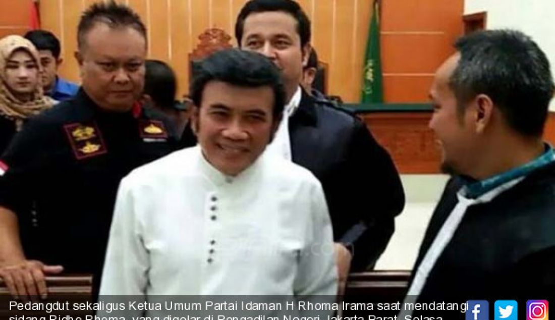 Pedangdut sekaligus Ketua Umum Partai Idaman H Rhoma Irama saat mendatangi sidang Ridho Rhoma, yang digelar di Pengadilan Negeri Jakarta Barat, Selasa (11/7). - JPNN.com