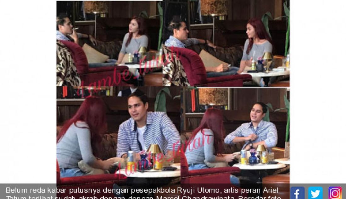 Belum reda kabar putusnya dengan pesepakbola Ryuji Utomo, artis peran Ariel Tatum terlihat sudah akrab dengan dengan Marcel Chandrawinata. Beredar foto keduanya yang terlihat bersama di sebuah kafe. - JPNN.com