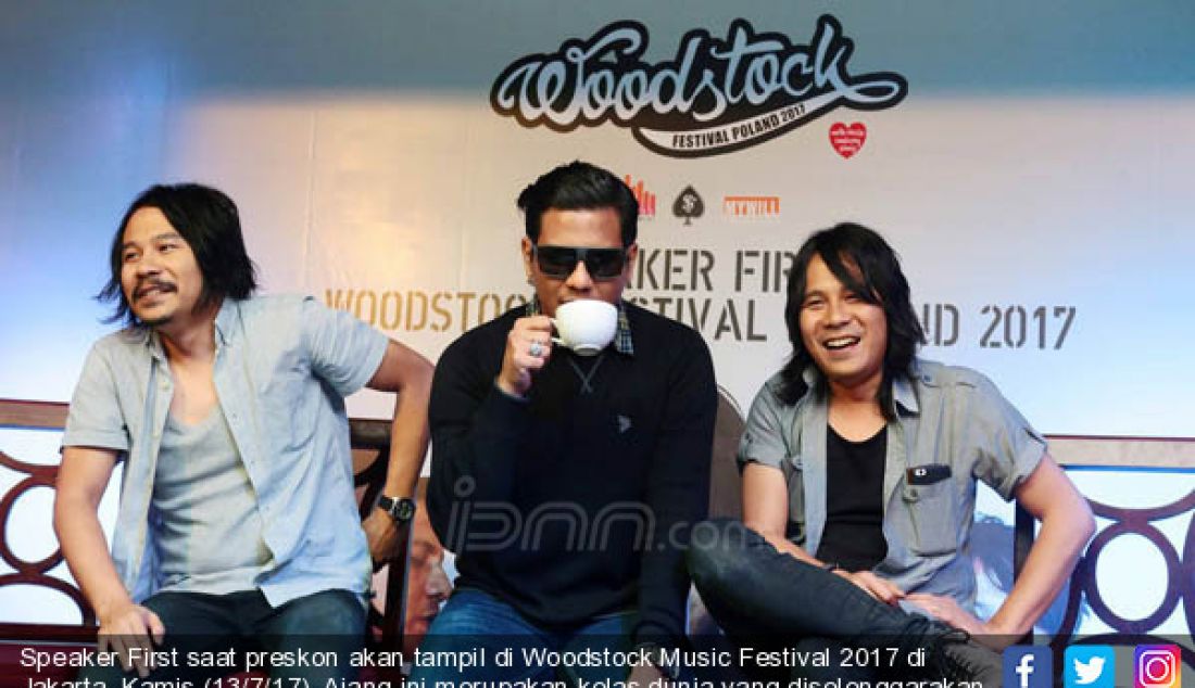 Speaker First saat preskon akan tampil di Woodstock Music Festival 2017 di Jakarta, Kamis (13/7/17). Ajang ini merupakan kelas dunia yang diselenggarakan tanggal Agustus 2017. - JPNN.com