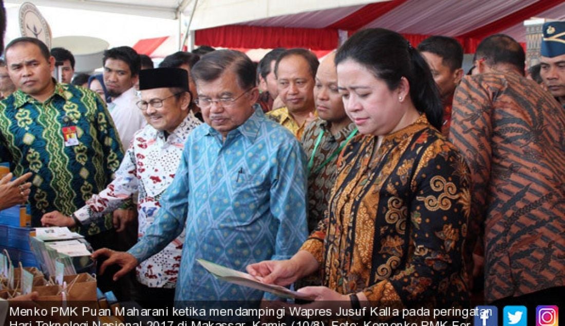 Menko PMK Puan Maharani ketika mendampingi Wapres Jusuf Kalla pada peringatan Hari Teknologi Nasional 2017 di Makassar, Kamis (10/8). - JPNN.com