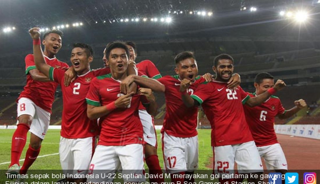 Timnas sepak bola Indonesia U-22 Septian David M merayakan gol pertama ke gawang Filipina dalam lanjutan pertandingan penyisihan grup B Sea Games di Stadion Shah Alam, Malaysia, Kamis (178). Indonesia menang 3-0 atas Filipina - JPNN.com