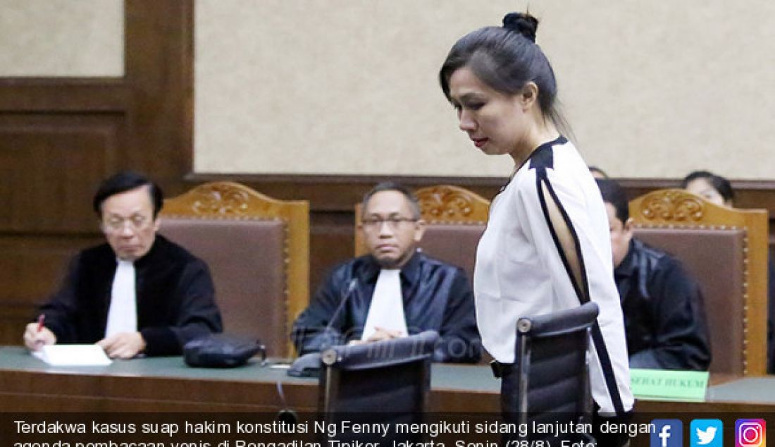 Terdakwa kasus suap hakim konstitusi Ng Fenny mengikuti sidang lanjutan dengan agenda pembacaan vonis di Pengadilan Tipikor, Jakarta, Senin (28/8). - JPNN.com