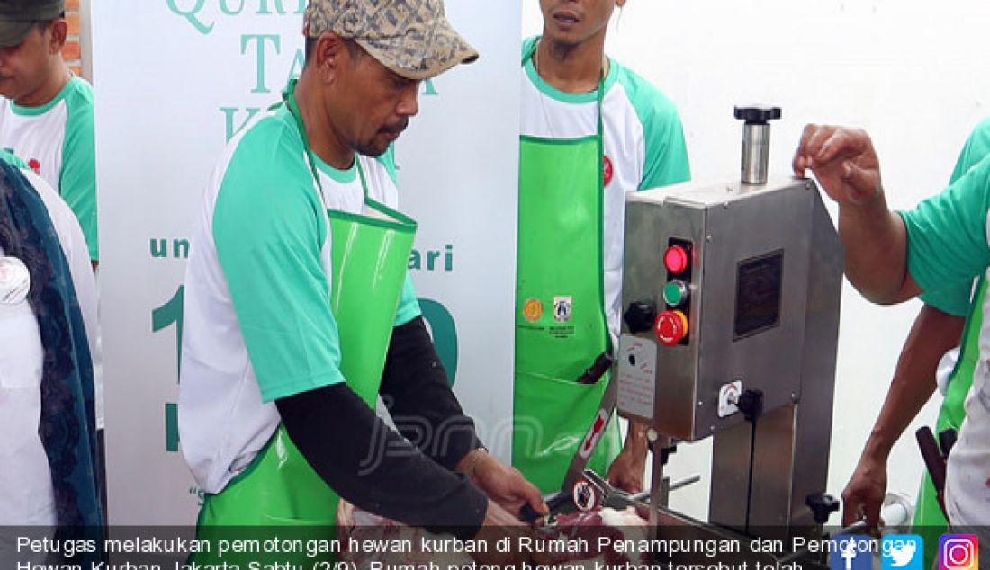 Petugas melakukan pemotongan hewan kurban di Rumah Penampungan dan Pemotongan Hewan Kurban,Jakarta,Sabtu (2/9). Rumah potong hewan kurban tersebut telah dilengkapi dengan peralatan yang modern serta sesuai dengan standarisasi - JPNN.com