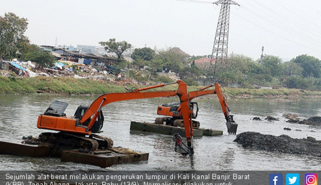 Sejumlah alat berat melakukan pengerukan lumpur di Kali Kanal Banjir Barat (KBB), Tanah Abang, Jakarta, Rabu (13/9). Normalisasi dilakukan untuk mengembalikan fungsi Kali Ciliwung. - JPNN.com