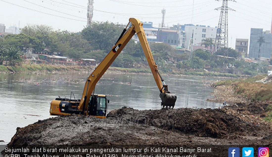 Sejumlah alat berat melakukan pengerukan lumpur di Kali Kanal Banjir Barat (KBB), Tanah Abang, Jakarta, Rabu (13/9). Normalisasi dilakukan untuk mengembalikan fungsi Kali Ciliwung. - JPNN.com