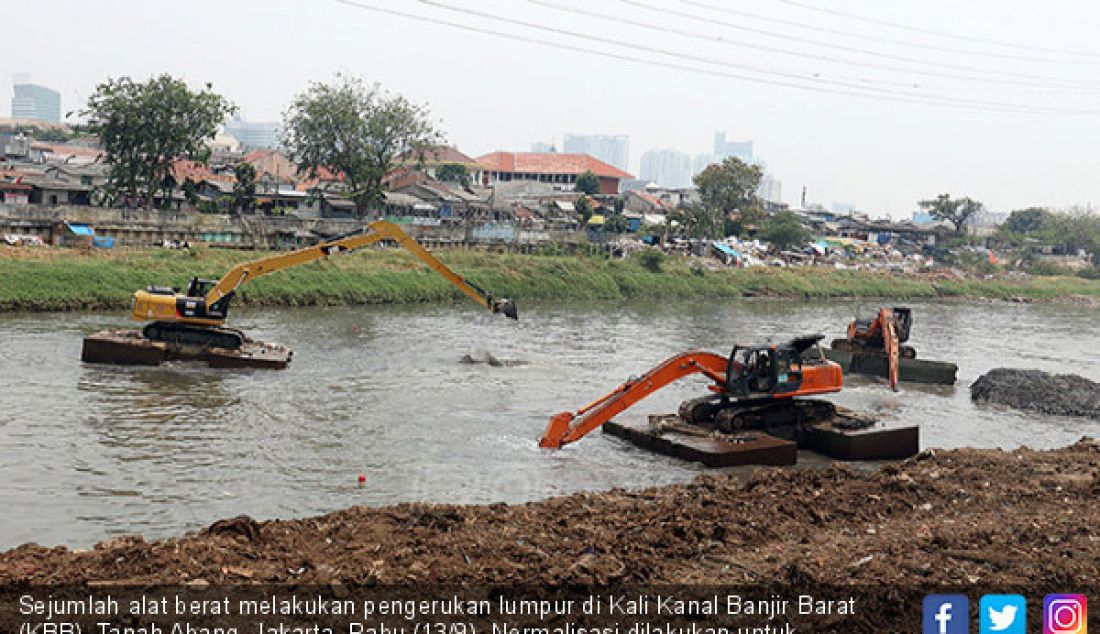 Sejumlah alat berat melakukan pengerukan lumpur di Kali Kanal Banjir Barat (KBB), Tanah Abang, Jakarta, Rabu (13/9). Normalisasi dilakukan untuk mengembalikan fungsi Kali Ciliwung. - JPNN.com