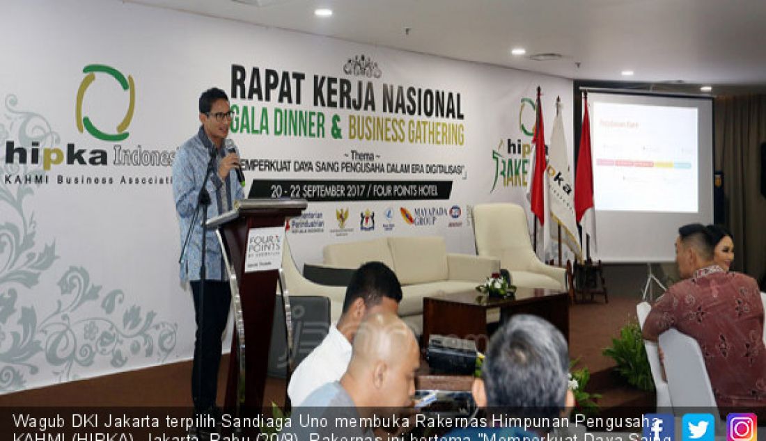 Wagub DKI Jakarta terpilih Sandiaga Uno membuka Rakernas Himpunan Pengusaha KAHMI (HIPKA), Jakarta, Rabu (20/9). Rakernas ini bertema 
