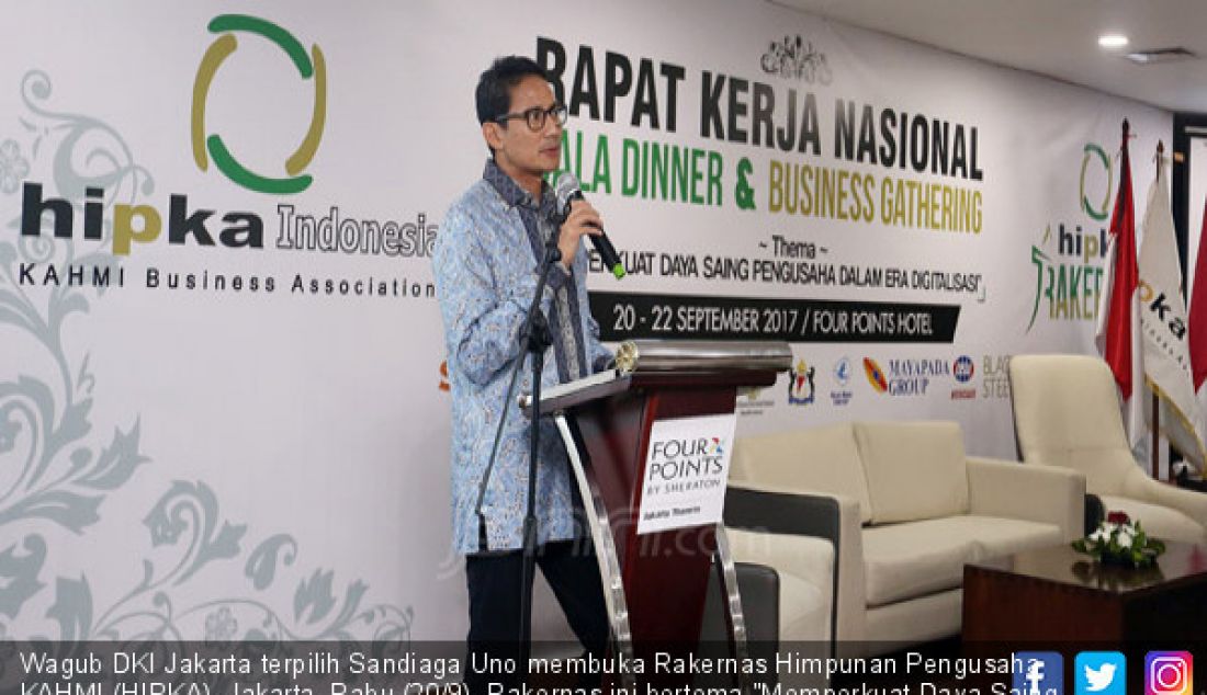 Wagub DKI Jakarta terpilih Sandiaga Uno membuka Rakernas Himpunan Pengusaha KAHMI (HIPKA), Jakarta, Rabu (20/9). Rakernas ini bertema 