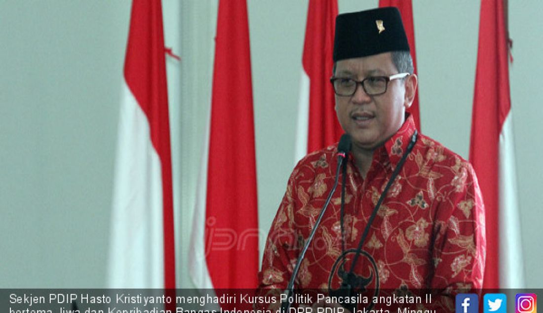 Sekjen PDIP Hasto Kristiyanto menghadiri Kursus Politik Pancasila angkatan II bertema Jiwa dan Kepribadian Bangas Indonesia di DPP PDIP, Jakarta, Minggu (24/9). - JPNN.com