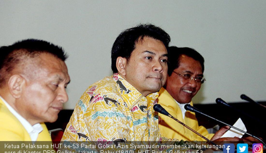 Ketua Pelaksana HUT ke-53 Partai Golkar Azis Syamsudin memberikan keterangan pers di Kantor DPP Golkar, Jakarta, Rabu (18/10). HUT Partai Golkar ke-53 mengambil tema 