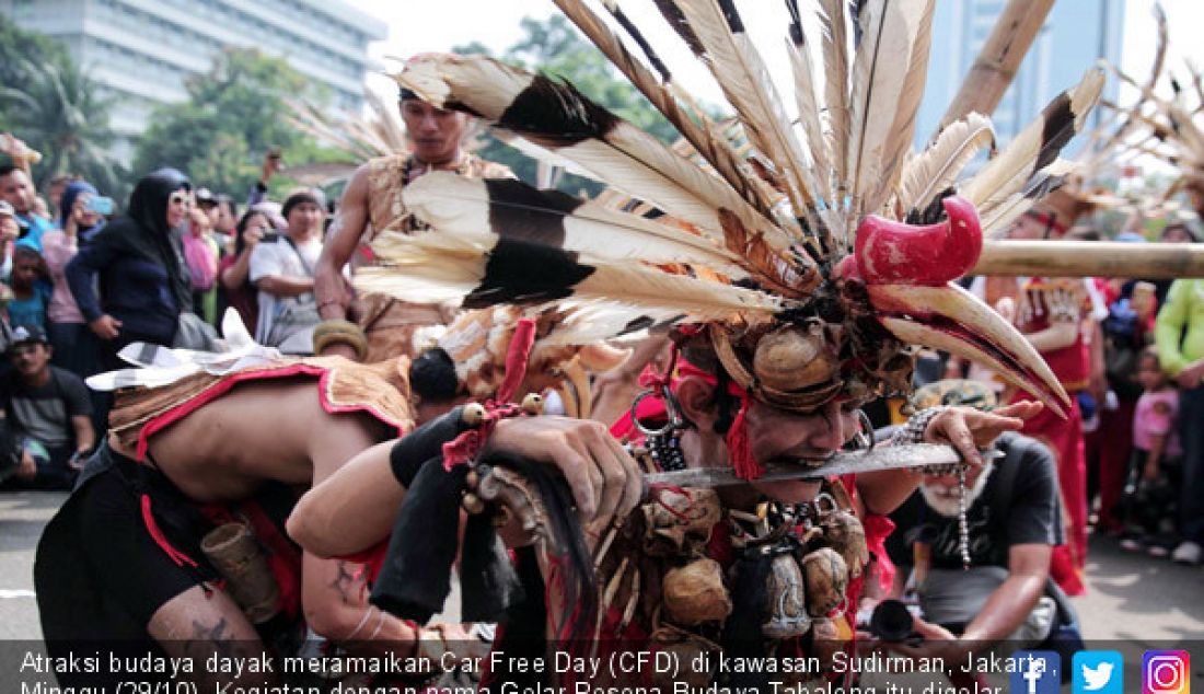 Atraksi budaya dayak meramaikan Car Free Day (CFD) di kawasan Sudirman, Jakarta, Minggu (29/10). Kegiatan dengan nama Gelar Pesona Budaya Tabalong itu digelar untuk menunjukkan karya seni tradisional Tabalong. - JPNN.com