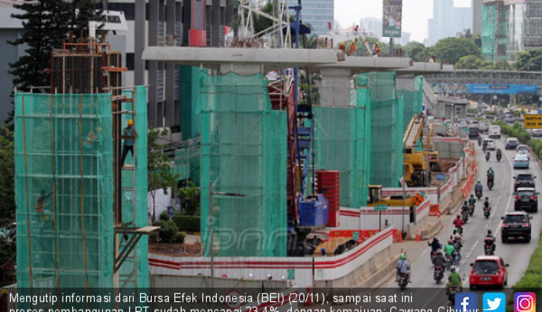 Mengutip informasi dari Bursa Efek Indonesia (BEI) (20/11), sampai saat ini proses pembangunan LRT sudah mencapai 23,4%, dengan kemajuan: Cawang-Cibubur = 42,2%, Cawang-Kuningan-Dukuh Atas= 9,6%, Cawang-Bekasi Timur= 24,6%. - JPNN.com