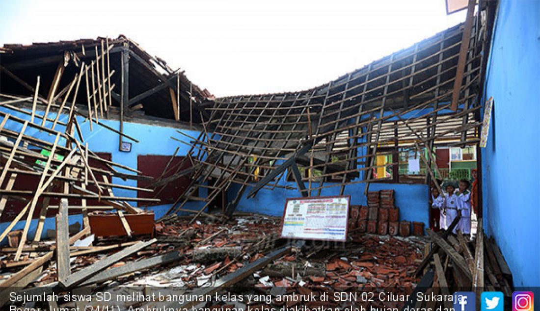 Sejumlah siswa SD melihat bangunan kelas yang ambruk di SDN 02 Ciluar, Sukaraja, Bogor, Jumat (24/11). Ambruknya bangunan kelas diakibatkan oleh hujan deras dan angin kencang serta bangunan sekolah yang sudah lapuk. - JPNN.com