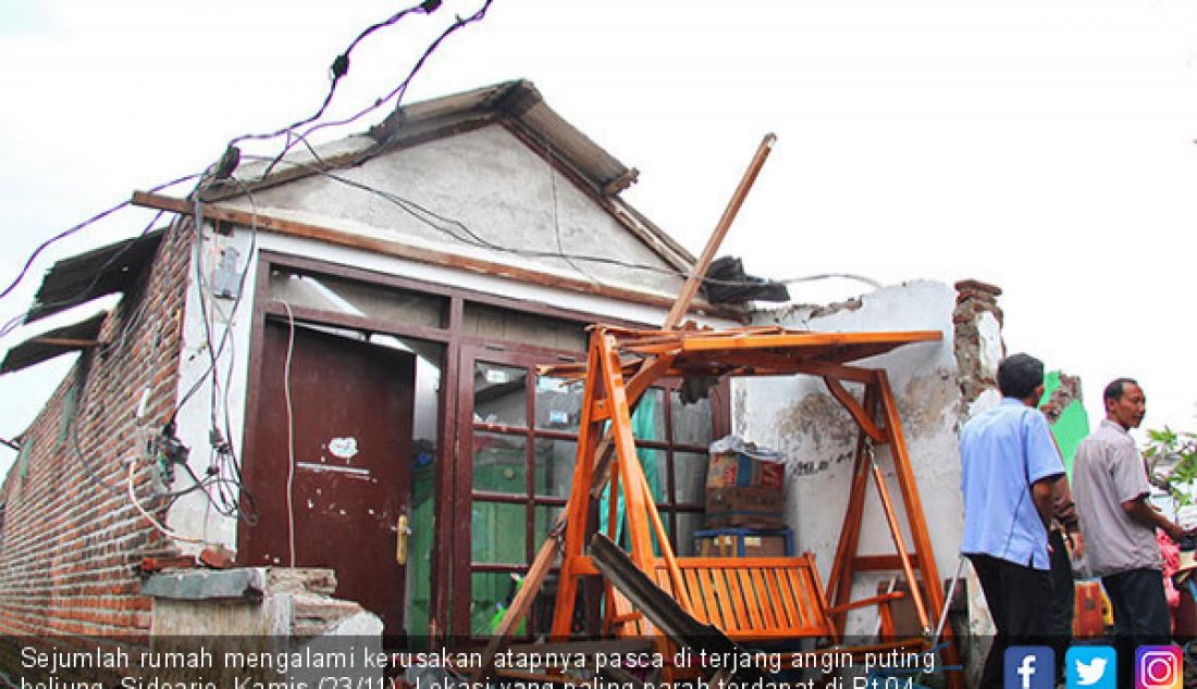 Sejumlah rumah mengalami kerusakan atapnya pasca di terjang angin puting beliung, Sidoarjo, Kamis (23/11). Lokasi yang paling parah terdapat di Rt 04 desa Tambakrejo, Waru, Sidoarjo. - JPNN.com