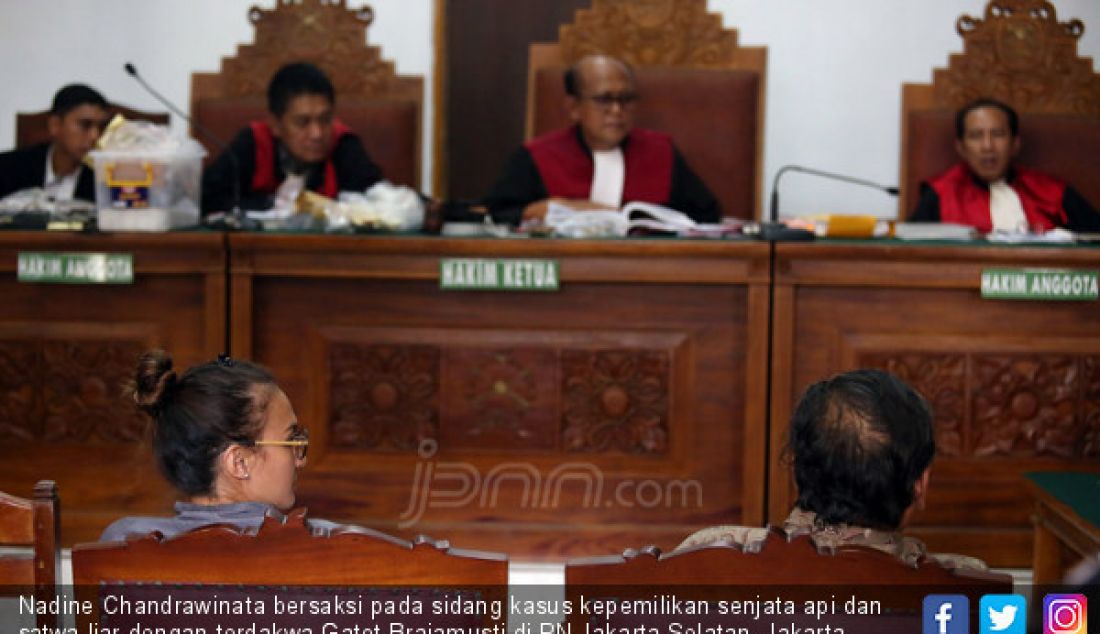 Nadine Chandrawinata bersaksi pada sidang kasus kepemilikan senjata api dan satwa liar dengan terdakwa Gatot Brajamusti di PN Jakarta Selatan, Jakarta, Selasa (5/12). - JPNN.com